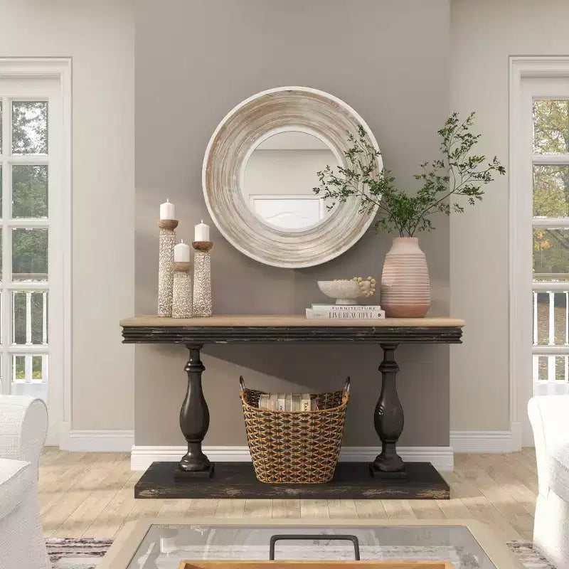 Specchio da parete rotondo in legno da 35" – Finitura bianco lavato