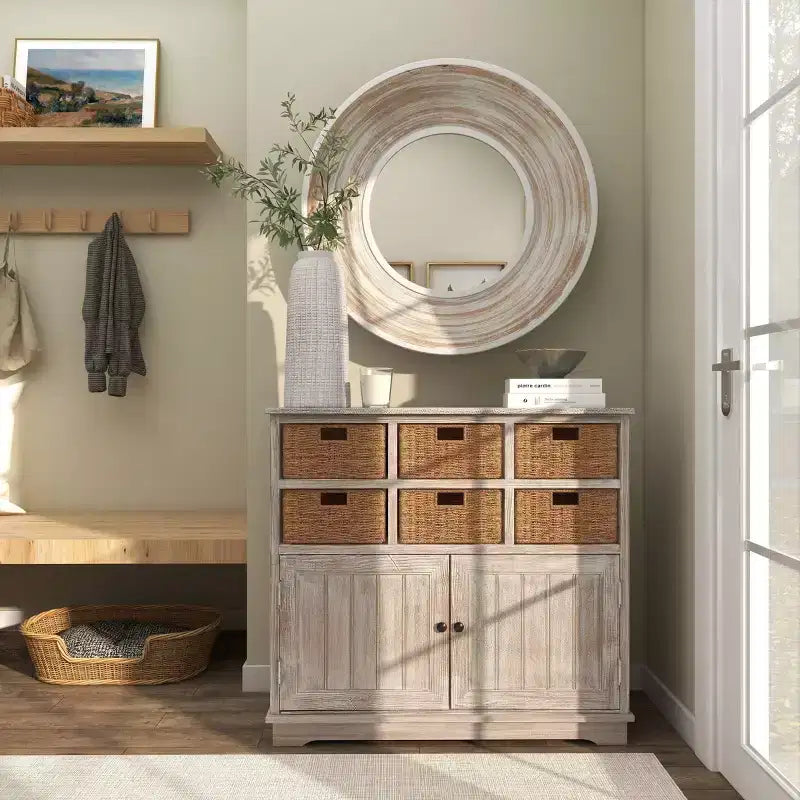 Specchio da parete rotondo in legno da 35" – Finitura bianco lavato