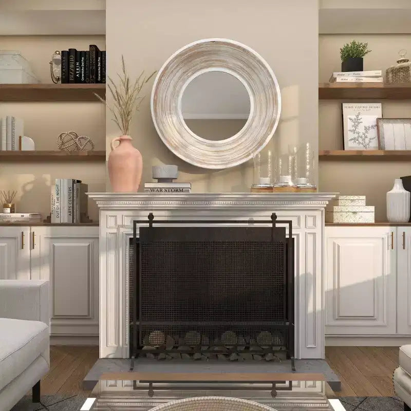 Specchio da parete rotondo in legno da 35" – Finitura bianco lavato