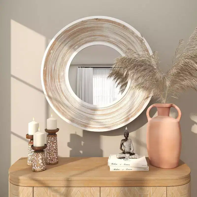 35" Round Wooden Wall Mirror – White Wash Finish