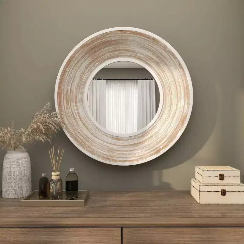 35" Round Wooden Wall Mirror – White Wash Finish