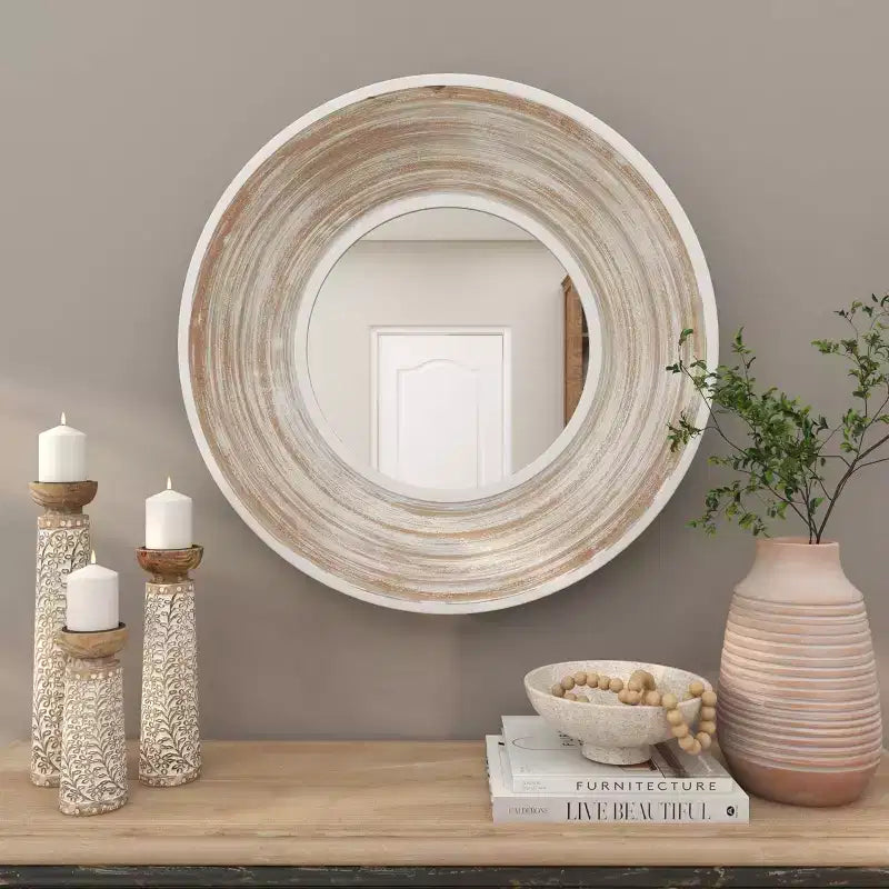35" Round Wooden Wall Mirror – White Wash Finish