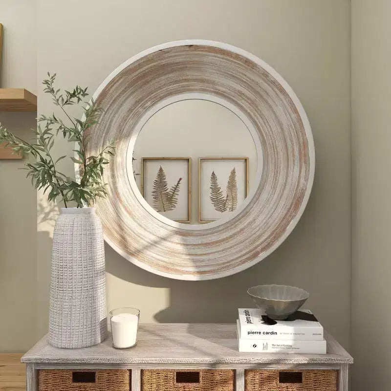 Specchio da parete rotondo in legno da 35" – Finitura bianco lavato