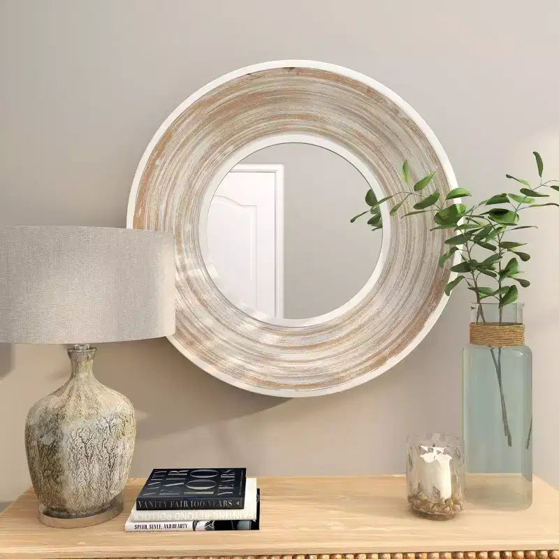 Specchio da parete rotondo in legno da 35" – Finitura bianco lavato