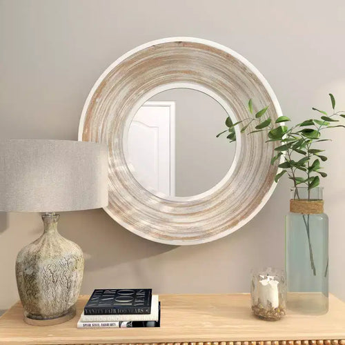 Specchio da parete rotondo in legno da 35" – Finitura bianco lavato