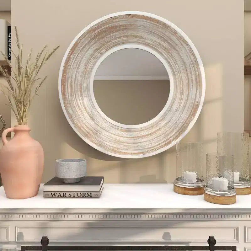 Specchio da parete rotondo in legno da 35" – Finitura bianco lavato