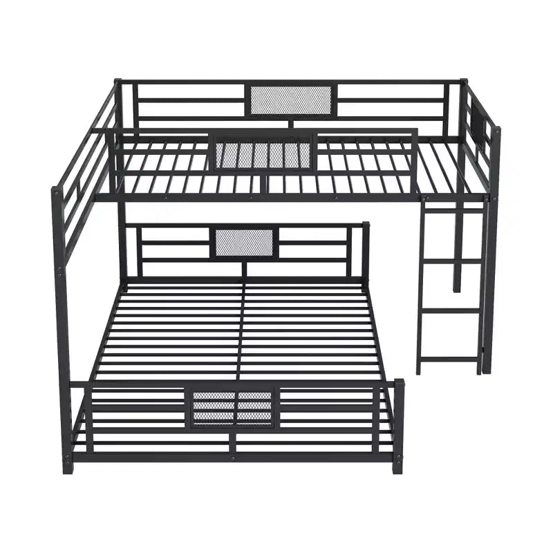 Twin Over Full L-Shaped Metal Bunk Bed with Ladder and Guardrails