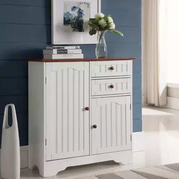 Kings Brand Furniture Habar 2-Door Wood Kitchen Storage Buffet Cabinet, White/Walnut