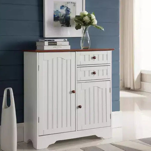 Kings Brand Furniture Habar 2-Door Wood Kitchen Storage Buffet Cabinet, White/Walnut