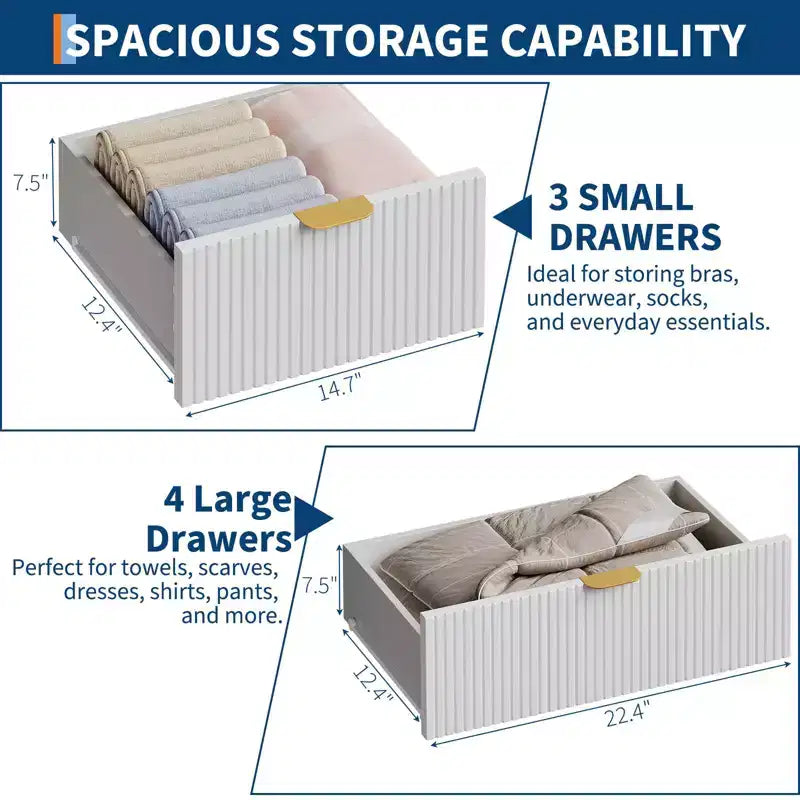 Cassettiera a 7 cassetti con gambe in metallo – Comodino da 120 cm