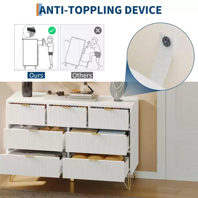 Cassettiera a 7 cassetti con gambe in metallo – Comodino da 120 cm
