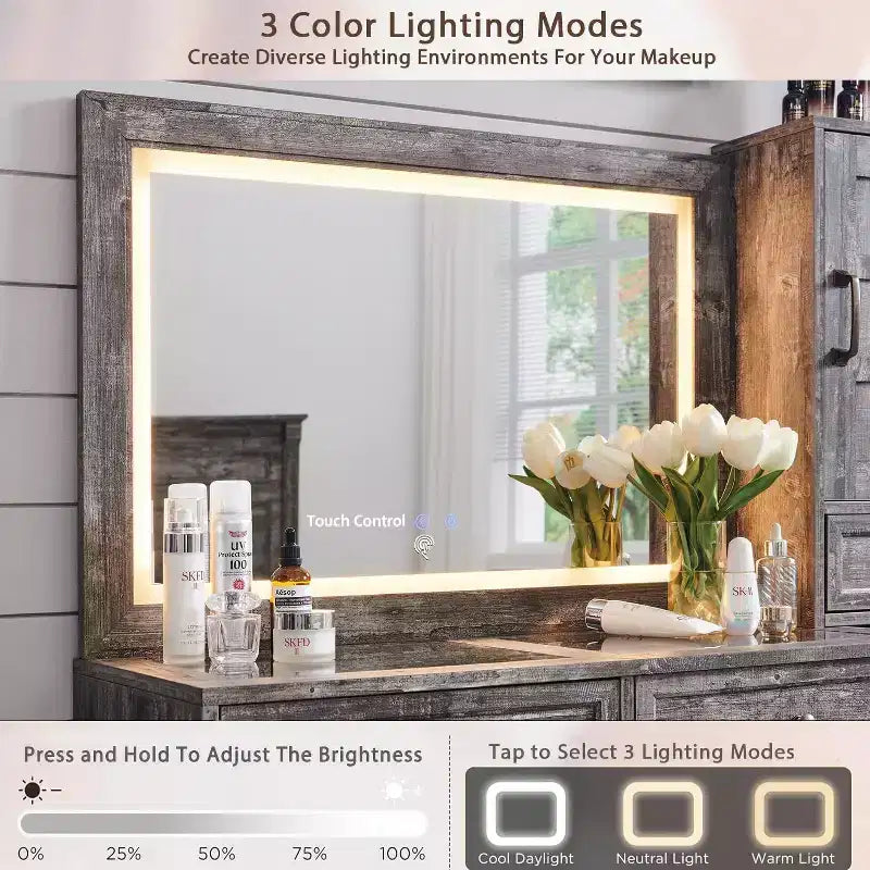 Scrivania da trucco rustica con specchio LED, 6 cassetti, piano in vetro e stazione di ricarica