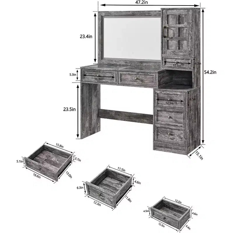 Scrivania da trucco rustica con specchio LED, 6 cassetti, piano in vetro e stazione di ricarica