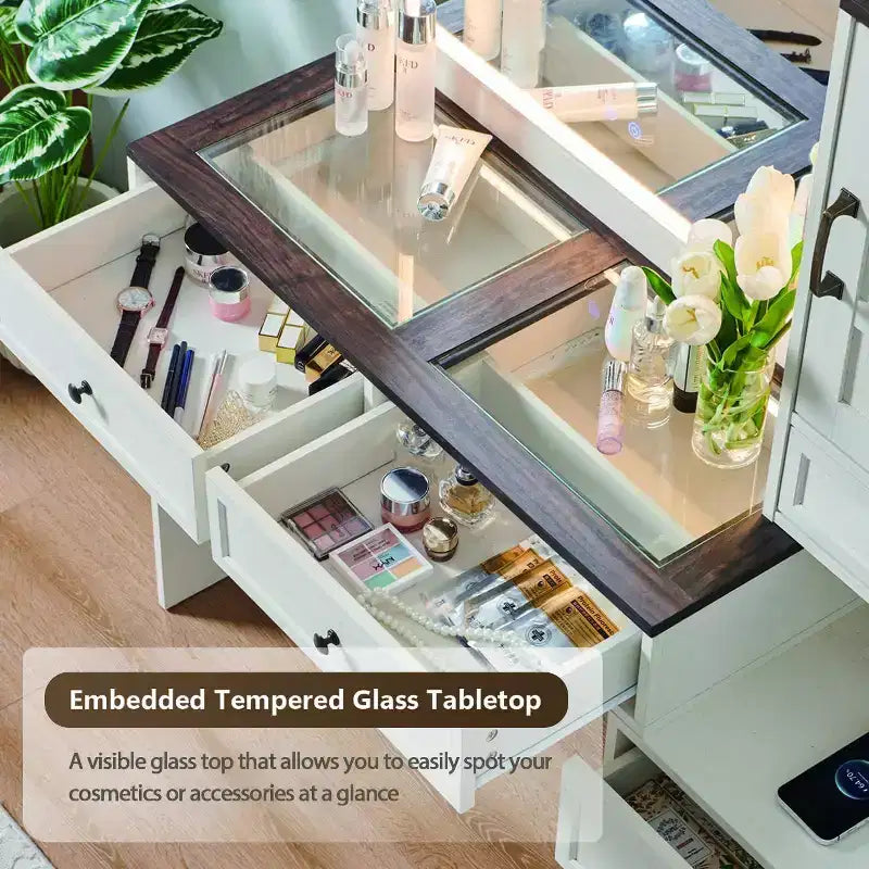 Scrivania da trucco rustica con specchio LED, 6 cassetti, piano in vetro e stazione di ricarica