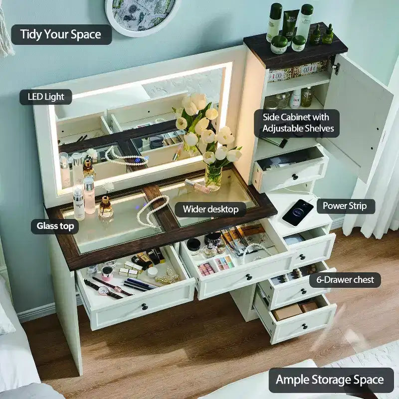 Scrivania da trucco rustica con specchio LED, 6 cassetti, piano in vetro e stazione di ricarica