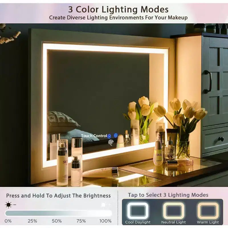Scrivania da trucco rustica con specchio LED, 6 cassetti, piano in vetro e stazione di ricarica