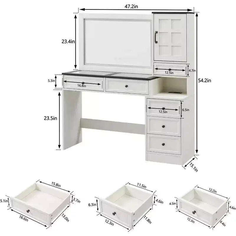 Scrivania da trucco rustica con specchio LED, 6 cassetti, piano in vetro e stazione di ricarica