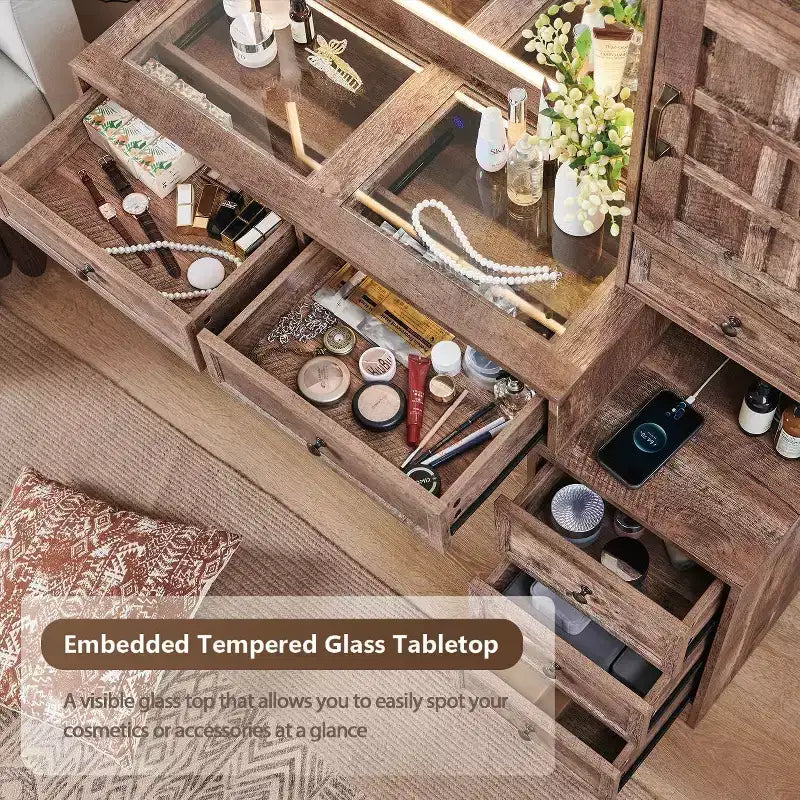 Farmhouse Vanity Desk with LED Mirror, 6 Drawers, Glass Top & Charging Station