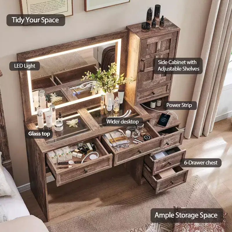 Farmhouse Vanity Desk with LED Mirror, 6 Drawers, Glass Top & Charging Station