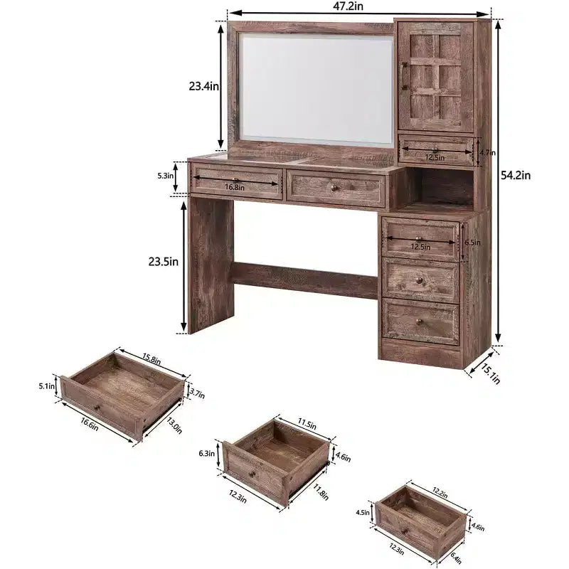 Scrivania da trucco rustica con specchio LED, 6 cassetti, piano in vetro e stazione di ricarica