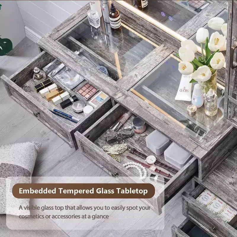 Scrivania da trucco rustica con specchio LED, 6 cassetti, piano in vetro e stazione di ricarica