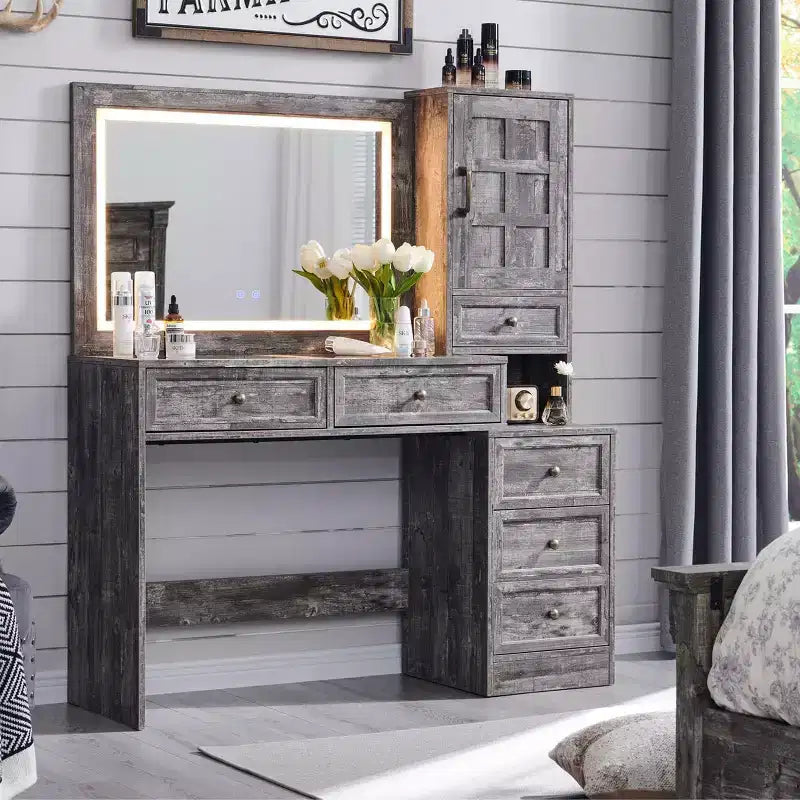 Farmhouse Vanity Desk with LED Mirror, 6 Drawers, Glass Top & Charging Station
