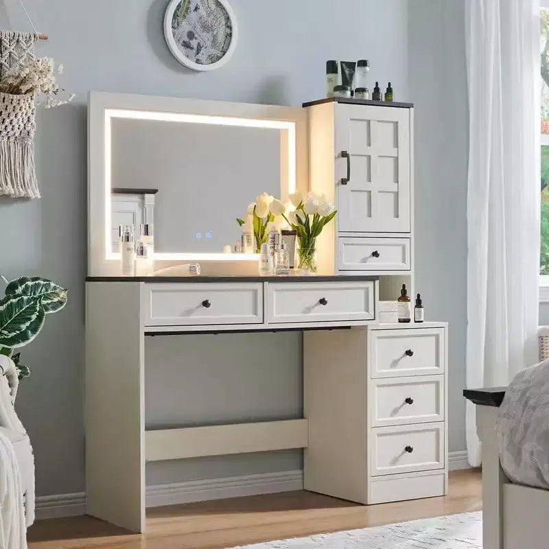 Farmhouse Vanity Desk with LED Mirror, 6 Drawers, Glass Top & Charging Station