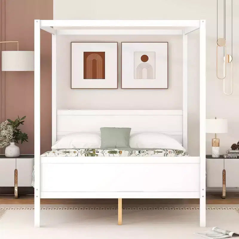 Letto a baldacchino queen size con testiera, pediera e contenitore sotto il letto