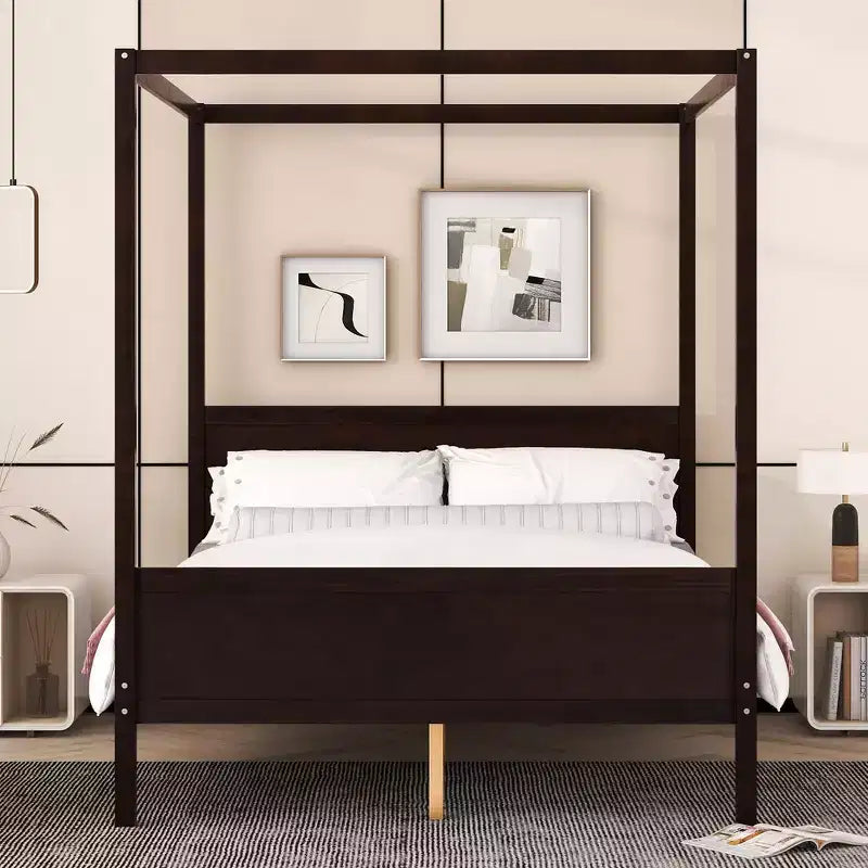 Letto a baldacchino queen size con testiera, pediera e contenitore sotto il letto