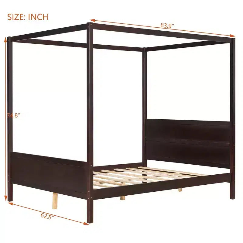 Letto a baldacchino queen size con testiera, pediera e contenitore sotto il letto