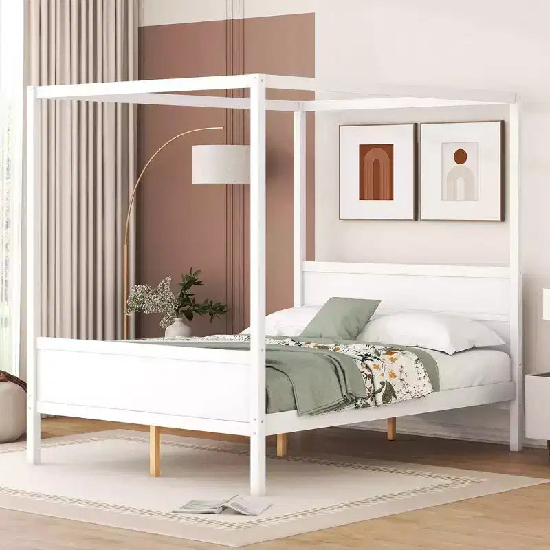 Queen Size Canopy Bed with Headboard, Footboard & Under-Bed Storage
