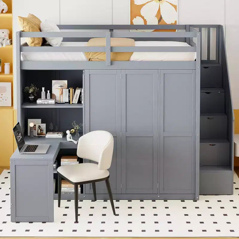Full Size Loft Bed with Wardrobe Racks, Foldable Shelves & Built-In Desk