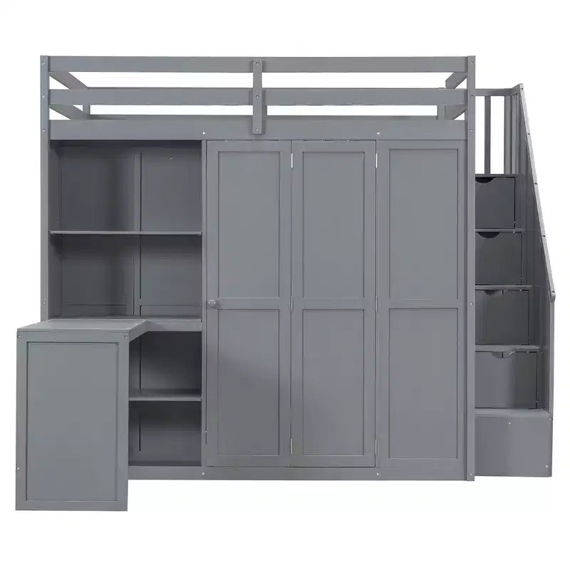 Full Size Loft Bed with Wardrobe Racks, Foldable Shelves & Built-In Desk