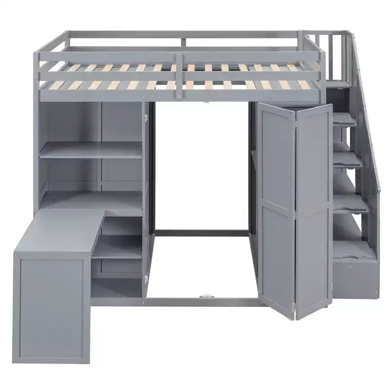 Full Size Loft Bed with Wardrobe Racks, Foldable Shelves & Built-In Desk