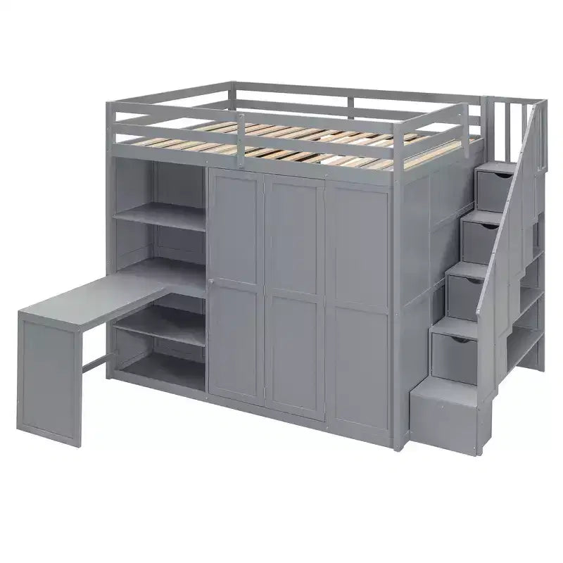 Full Size Loft Bed with Wardrobe Racks, Foldable Shelves & Built-In Desk