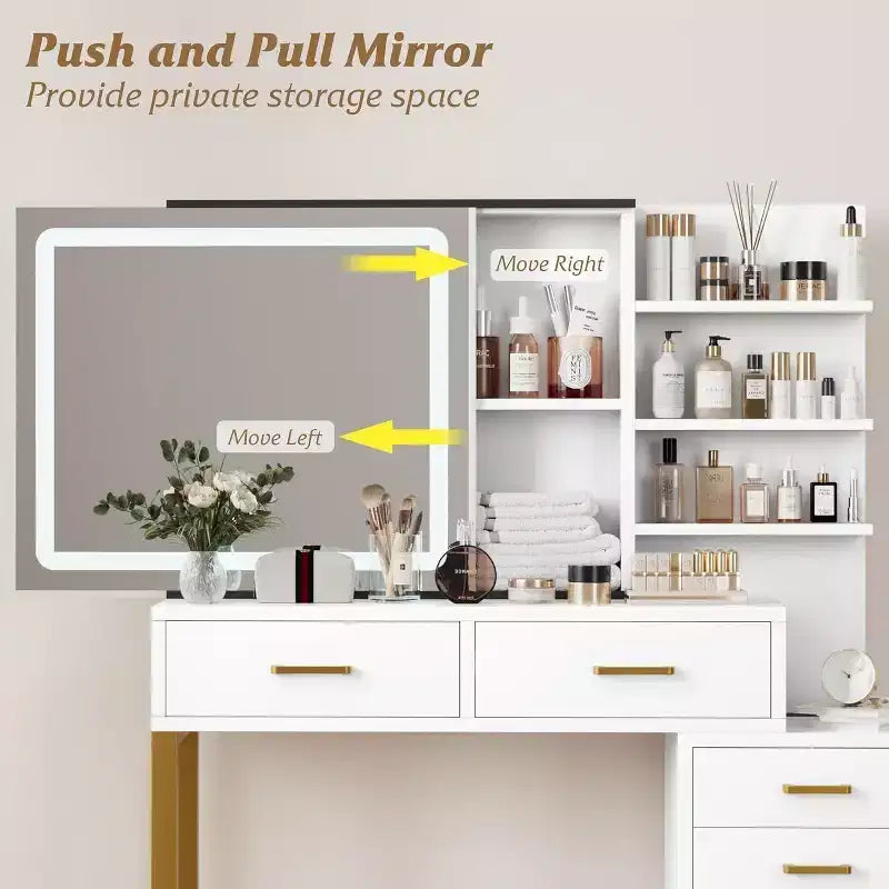 Vanity Desk with Lighted Sliding Mirror, 5 Drawers & 3 Open Tiers – White