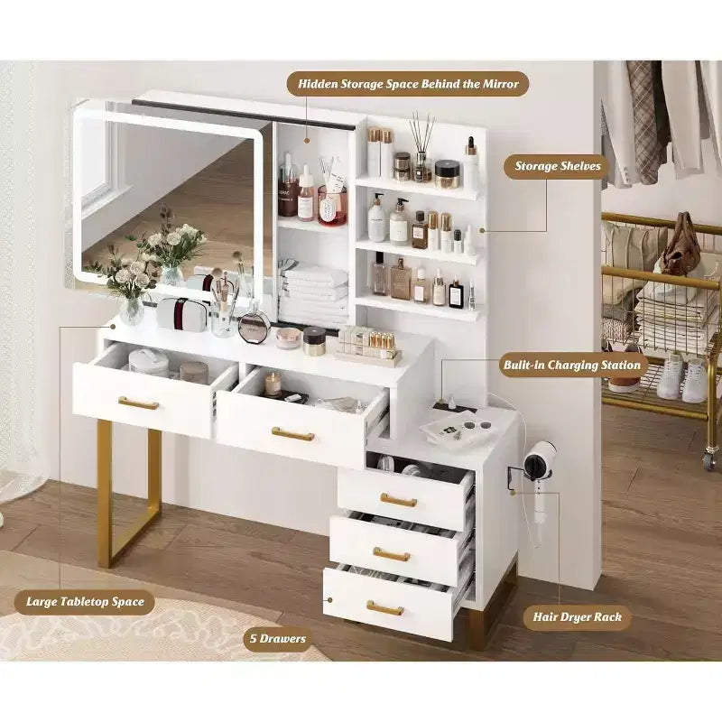 Vanity Desk with Lighted Sliding Mirror, 5 Drawers & 3 Open Tiers – White