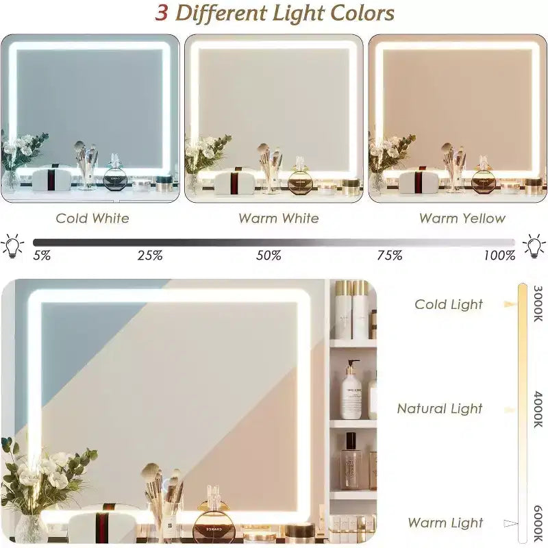 Scrivania da trucco con specchio scorrevole illuminato, 5 cassetti e 3 ripiani aperti – Bianca