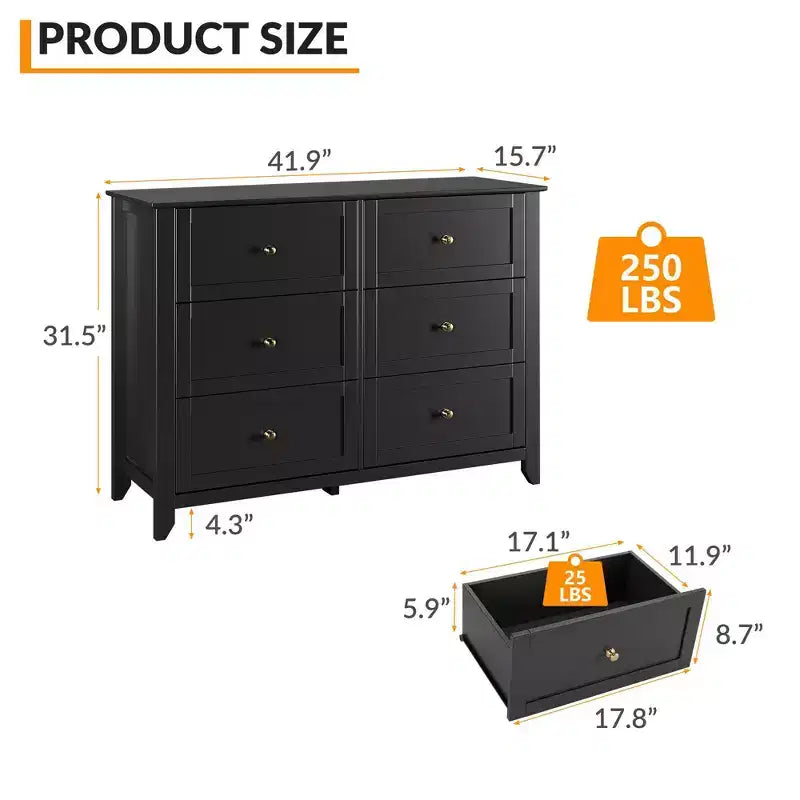 6-Drawer Wood Dresser with Metal Handles – Bedroom & Living Room Storage