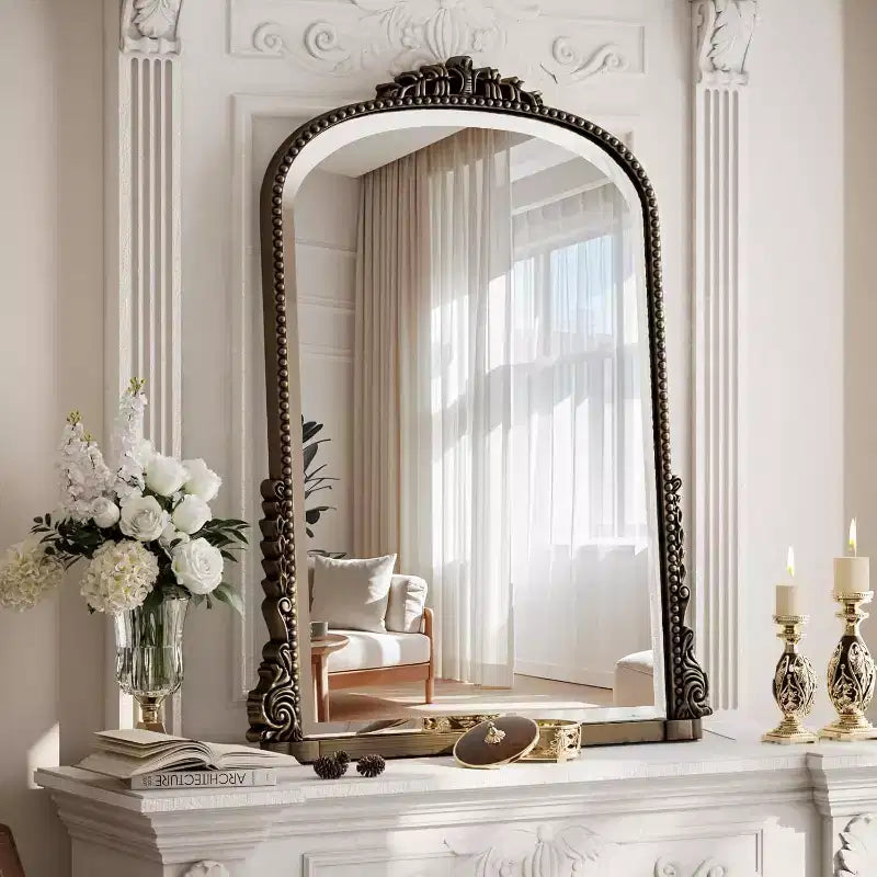 40x28 Wall Mirror, Arched Beaded Mirror with Metal Frame, Decorative Bathroom Vanity Mirror for Entryway, Bedroom, or Living Room