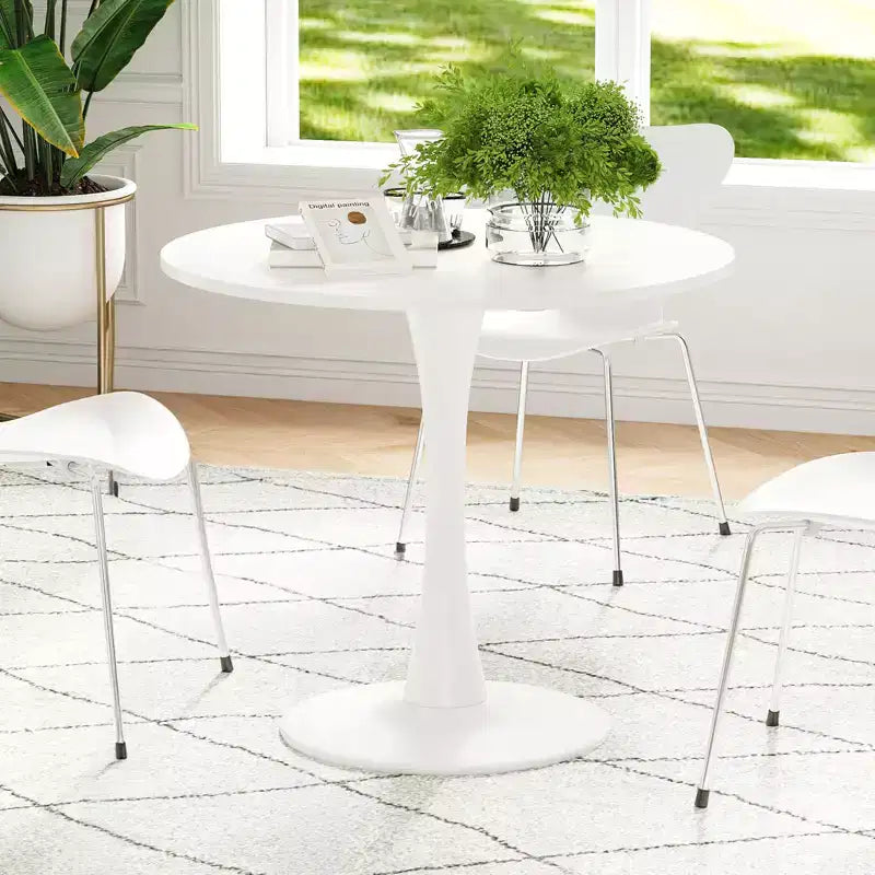 31.5-Inch Round Dining Table – White Wood Top & Metal Pedestal Base
