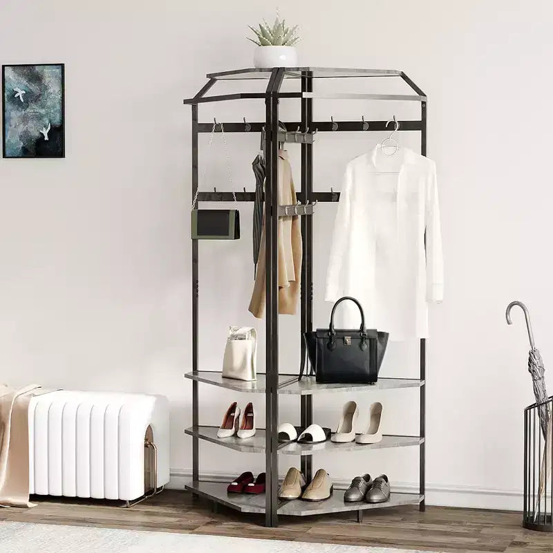 Mobile Ingresso ad Angolo con Panchina Porta Scarpe e 12 Ganci Doppi