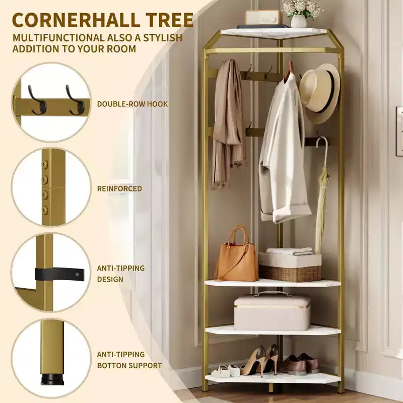 Corner Hall Tree with Shoe Bench and 12 Double Hooks