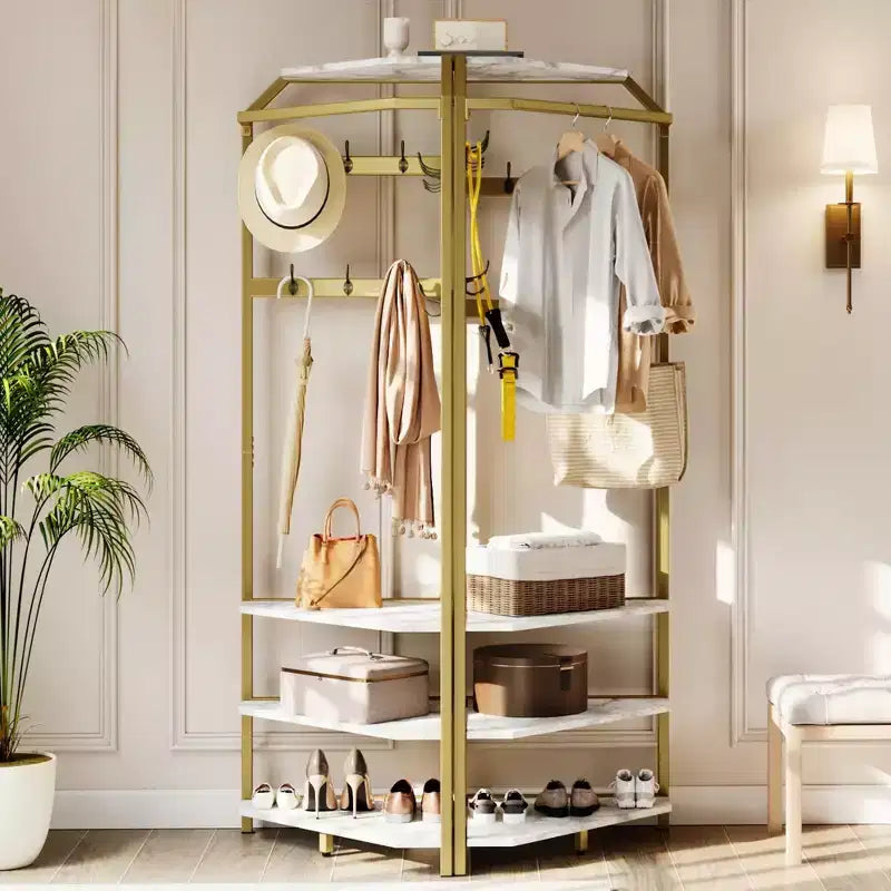 Corner Hall Tree with Shoe Bench and 12 Double Hooks