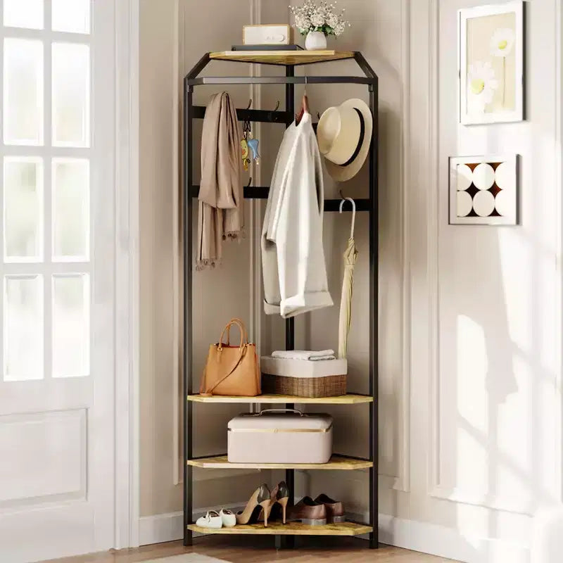 Corner Hall Tree with Shoe Bench and 12 Double Hooks