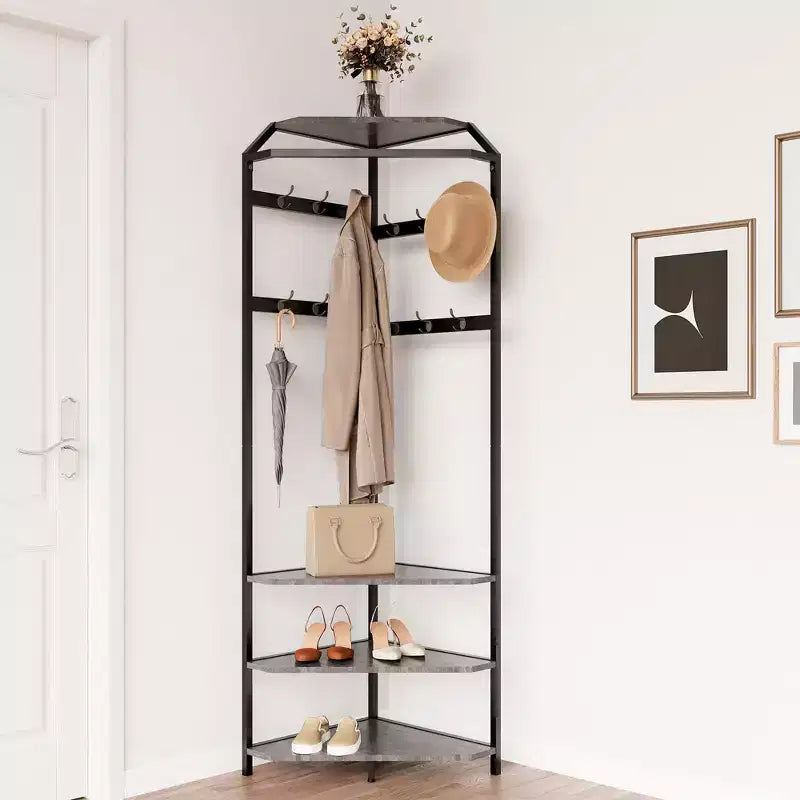 Corner Hall Tree with Shoe Bench and 12 Double Hooks