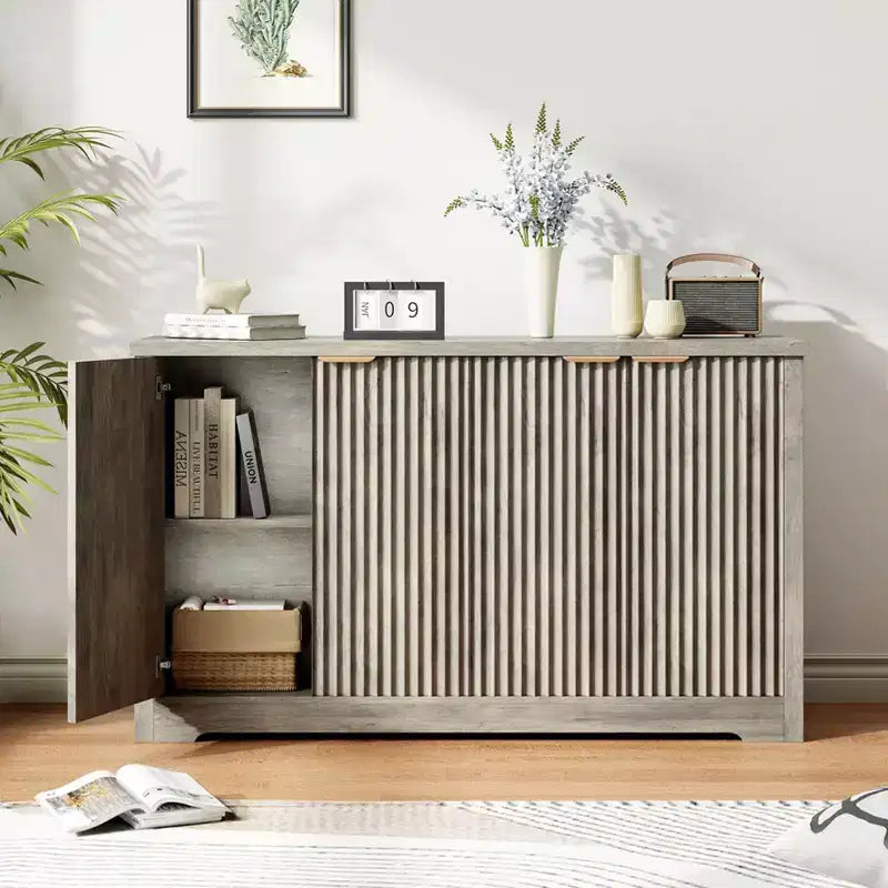 Fluted Buffet Sideboard Cabinet with Adjustable Shelf and Storage Doors