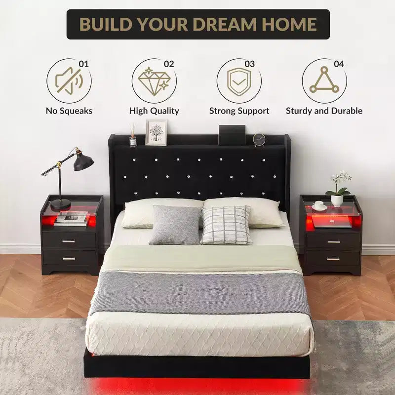 Struttura letto sospesa con testiera imbottita e doghe in legno – Matrimoniale & Queen Size