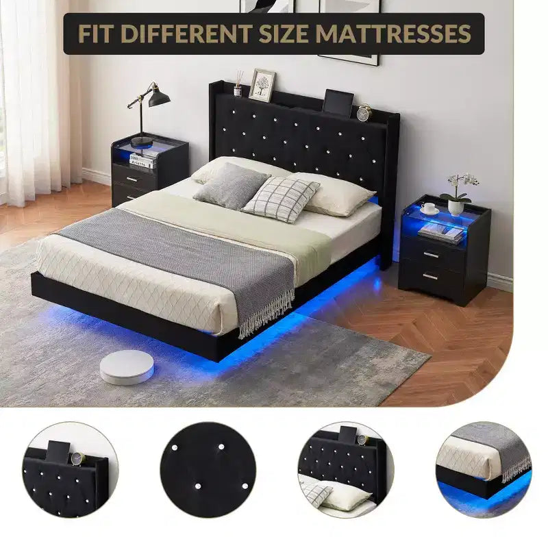 Floating Bed Frame with Upholstered Headboard and Wood Slats – Full & Queen
