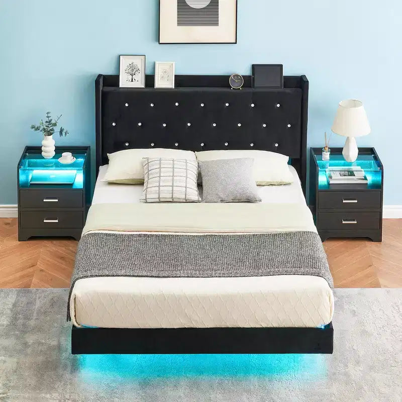 Struttura letto sospesa con testiera imbottita e doghe in legno – Matrimoniale & Queen Size
